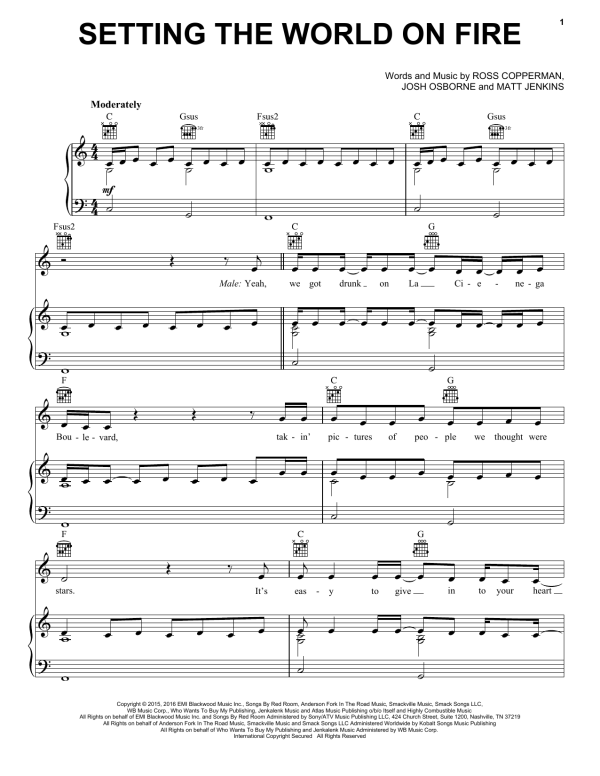 Kenny Chesney feat. Pink Setting The World On Fire Musik Noten - Piano, Vocal & Guitar Chords - 174210-0
