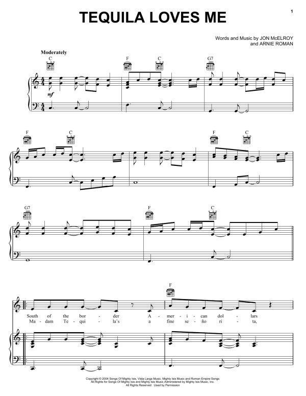Kenny Chesney Tequila Loves Me Musik Noten - Piano, Vocal & Guitar Chords - 164469-0