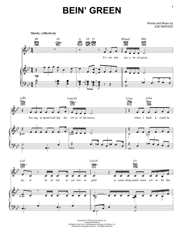 Kermit The Frog Bein' Green Musik Noten - Piano, Vocal & Guitar Chords - 51609-0