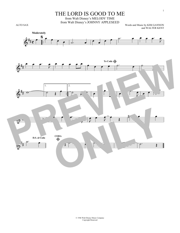 Kim Gannon The Lord Is Good To (from Johnny Appleseed) Musik Noten - Alto Sax Solo - 173345-0