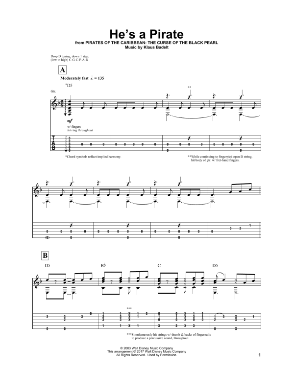 Klaus Badelt He's A Pirate (from Pirates Of The Caribbean: The Curse of the Black Pearl) (arr. Igor Presnyakov) Musik Noten - Solo Guitar - 178026-0