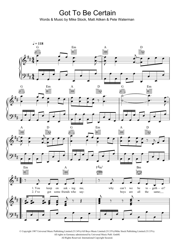 Kylie Minogue Got To Be Certain Musik Noten - Piano, Vocal & Guitar Chords - 47191-0