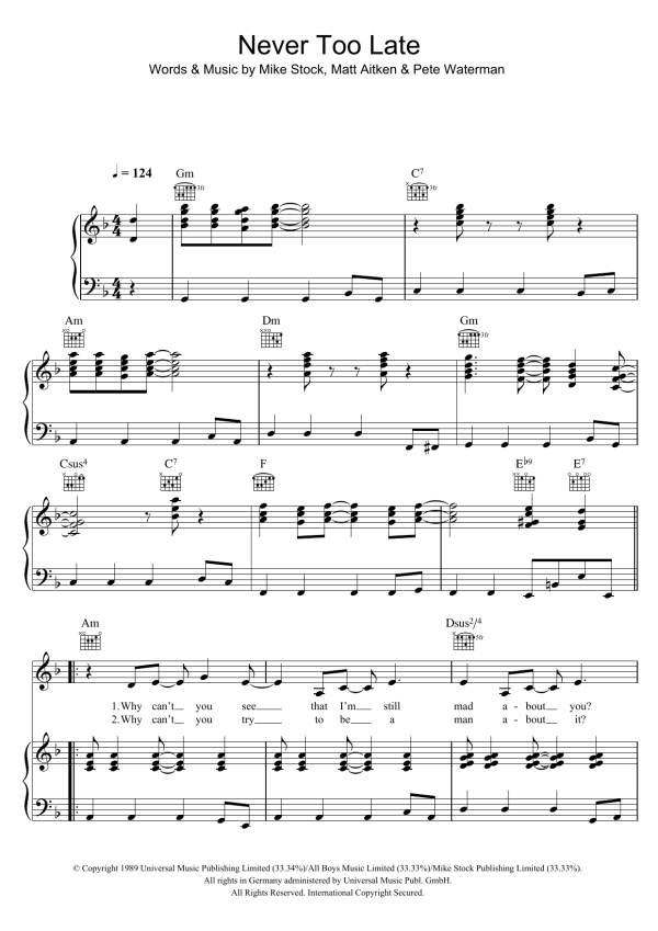 Kylie Minogue Never Too Late Musik Noten - Piano, Vocal & Guitar Chords - 47904-0