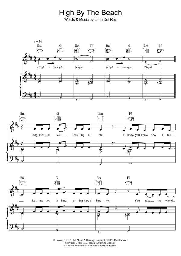 Lana Del Rey High By The Beach Musik Noten - Piano, Vocal & Guitar Chords - 163442-0