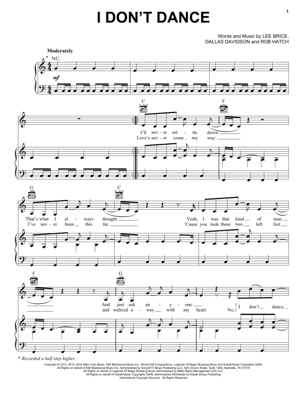 Lee Brice I Don't Dance Musik Noten - Piano, Vocal & Guitar Chords - 154374-0