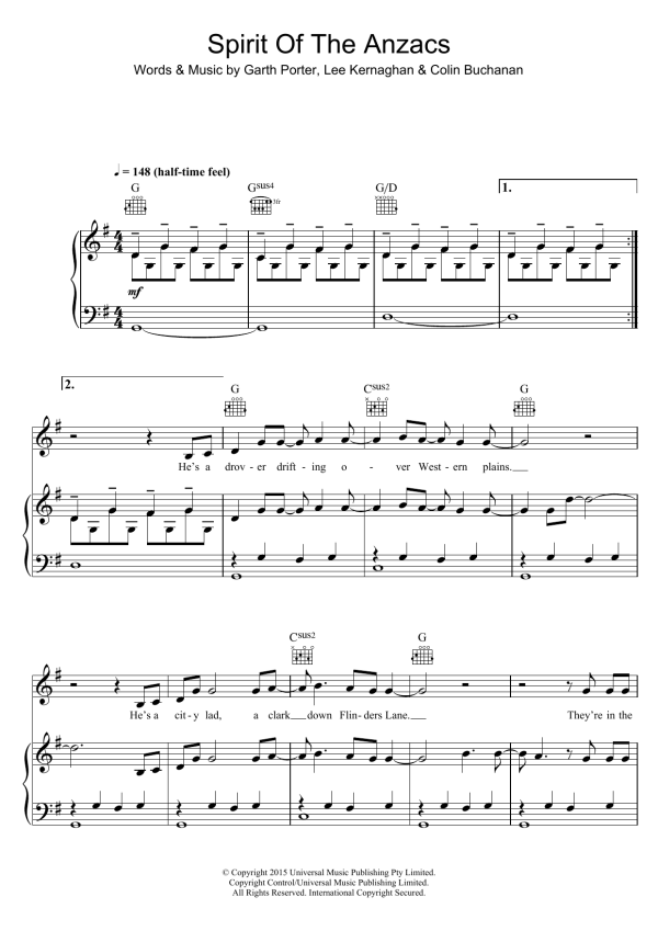 Lee Kernaghan Spirit Of The Anzacs Musik Noten - Piano, Vocal & Guitar Chords - 120930-0