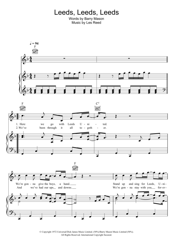 Leeds United Team & Supporters Leeds, Leeds, Leeds (Marching On Together) Musik Noten - Piano, Vocal & Guitar Chords - 104249-0