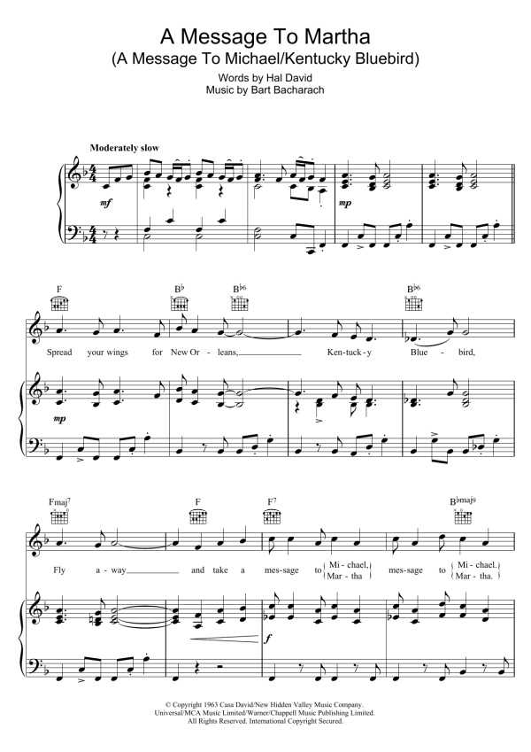 Lena Horne A Message to Martha (A Message To Michael/Kentucky Bluebird) Musik Noten - Piano, Vocal & Guitar Chords - 119416-0