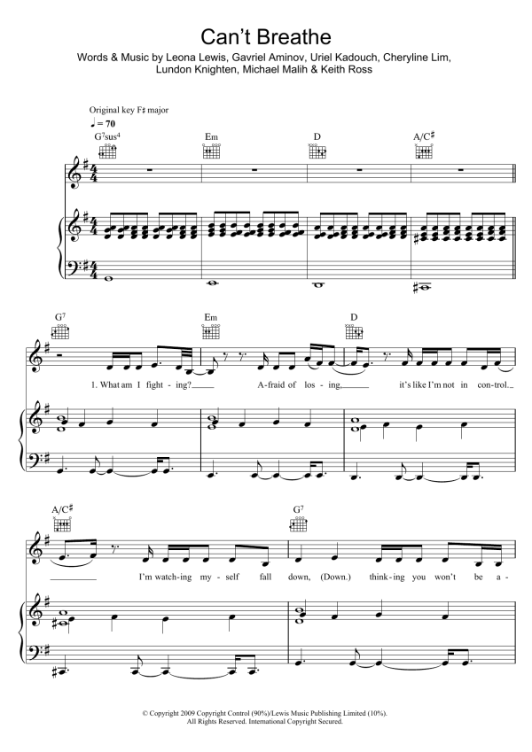 Leona Lewis Can't Breathe Musik Noten - Piano, Vocal & Guitar Chords - 49755-0