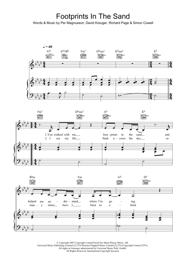 Leona Lewis Footprints In The Sand Musik Noten - Piano, Vocal & Guitar Chords - 39773-0