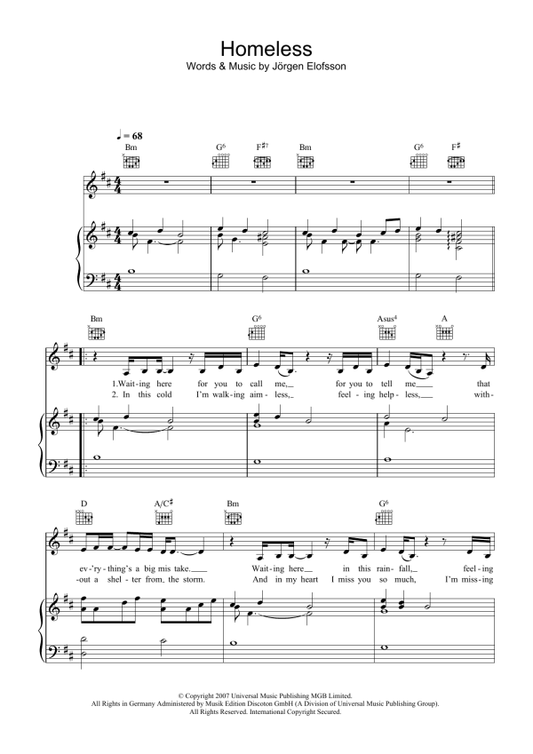 Leona Lewis Homeless Musik Noten - Piano, Vocal & Guitar Chords - 39774-0