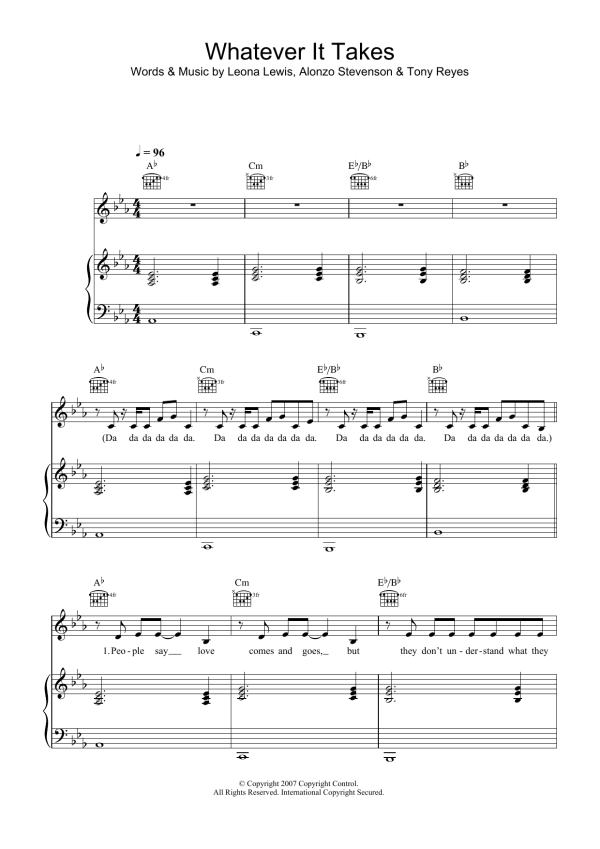 Leona Lewis Whatever It Takes Musik Noten - Piano, Vocal & Guitar Chords - 39790-0