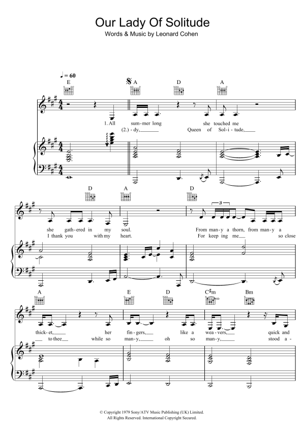 Leonard Cohen Our Lady Of Solitude Musik Noten - Piano, Vocal & Guitar Chords - 46790-0