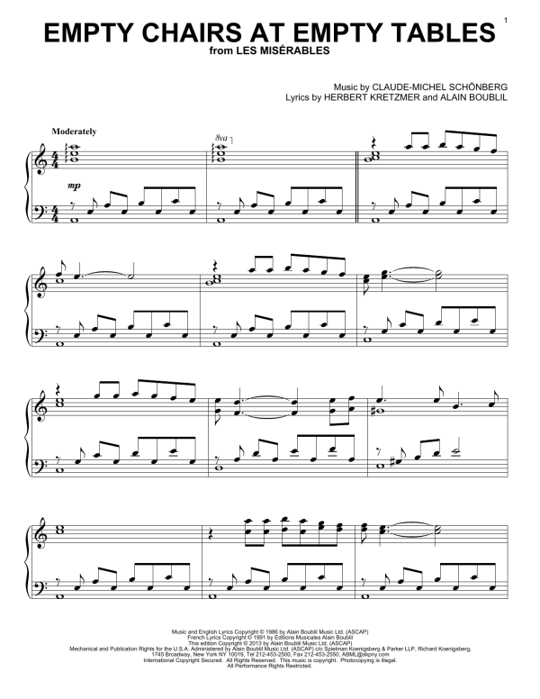 Les Miserables (Musical) Empty Chairs At Empty Tables Musik Noten - Piano Solo - 90861-0