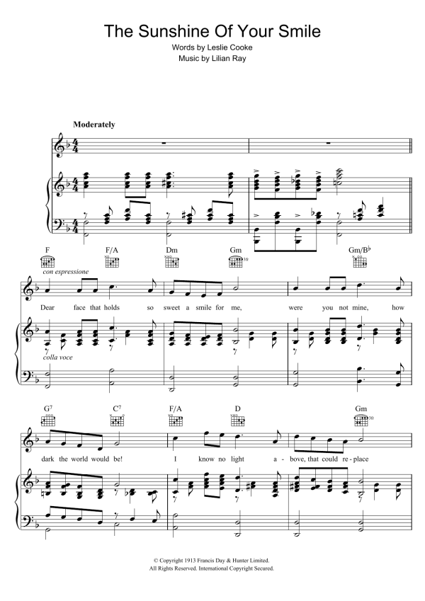 Leslie Cooke The Sunshine Of Your Smile Musik Noten - Piano, Vocal & Guitar Chords - 40293-0
