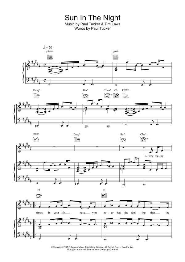 Lighthouse Family Sun In The Night Musik Noten - Piano, Vocal & Guitar Chords - 14669-0
