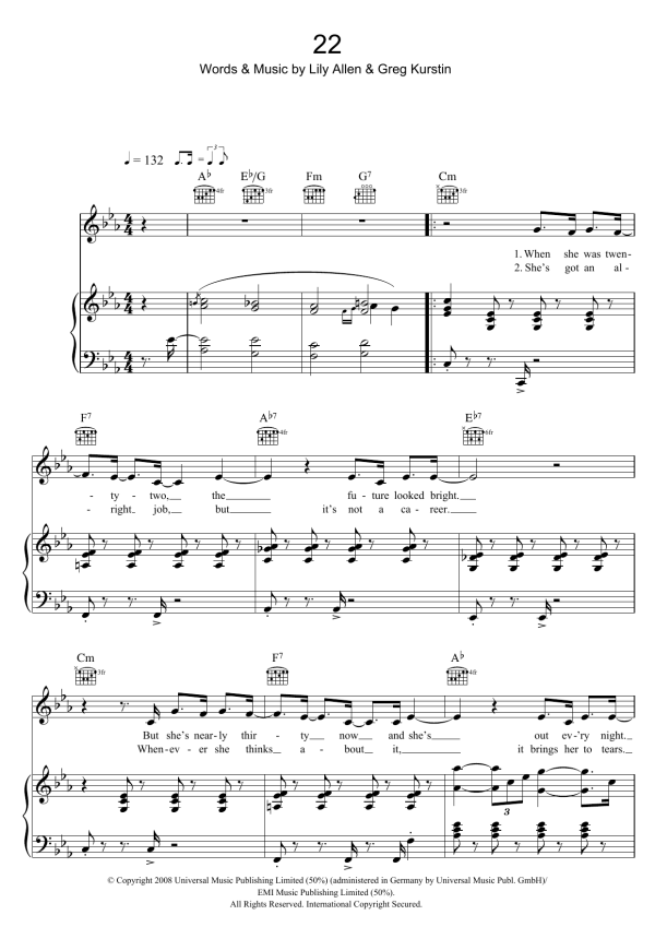 Lily Allen 22 Musik Noten - Piano, Vocal & Guitar Chords - 45616-0