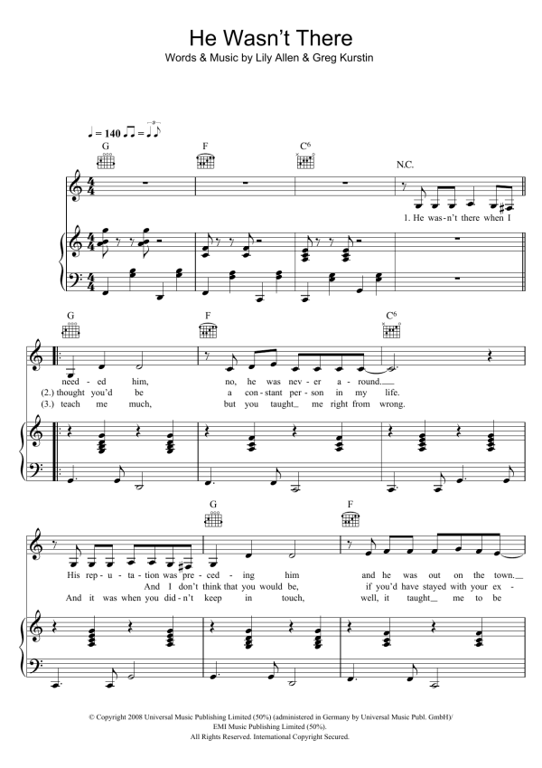Lily Allen He Wasn't There Musik Noten - Piano, Vocal & Guitar Chords - 45621-0