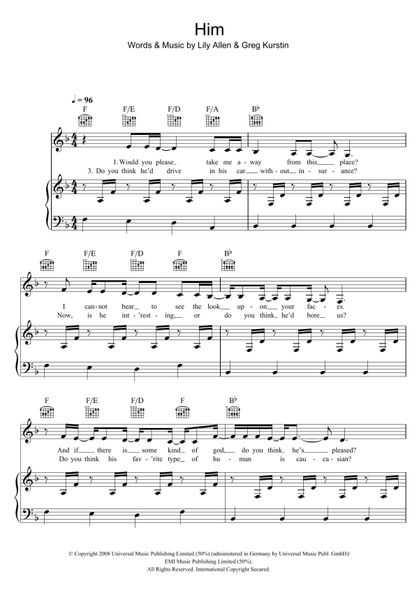 Lily Allen Him Musik Noten - Piano, Vocal & Guitar Chords - 45622-0
