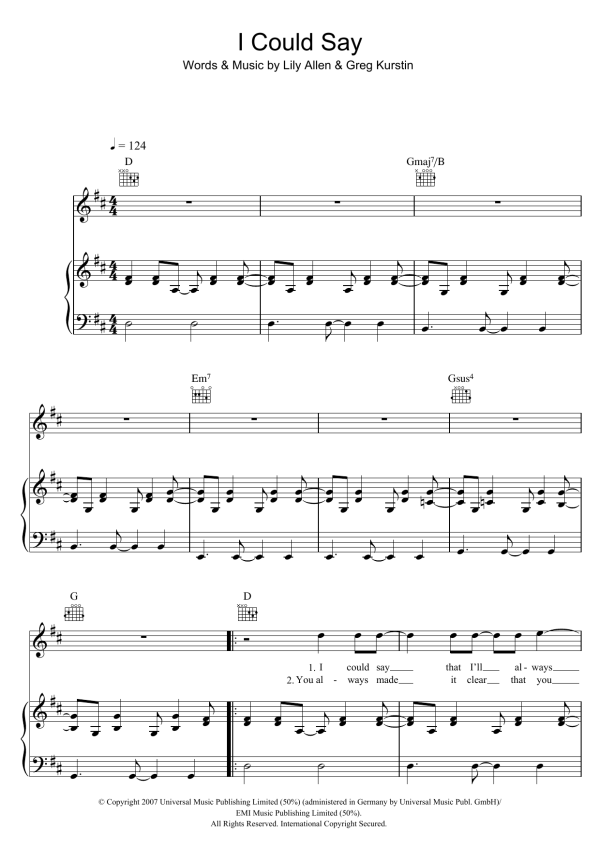 Lily Allen I Could Say Musik Noten - Piano, Vocal & Guitar Chords - 45623-0