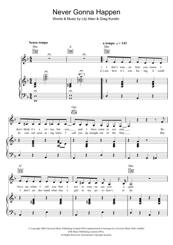 Lily Allen Never Gonna Happen Musik Noten - Piano, Vocal & Guitar Chords - 45624-0