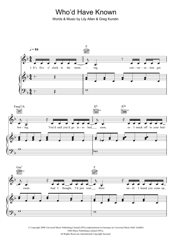 Lily Allen Who'd Have Known Musik Noten - Piano, Vocal & Guitar Chords - 45626-0