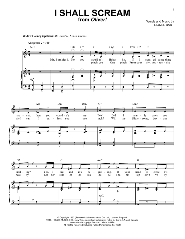 Lionel Bart I Shall Scream Musik Noten - Piano & Vocal - 55243-0
