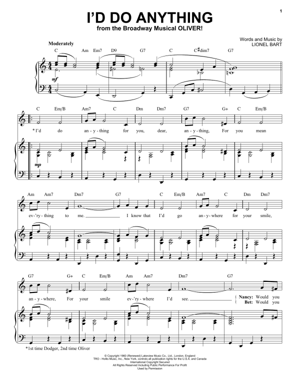 Lionel Bart I'd Do Anything Musik Noten - Piano & Vocal - 55247-0