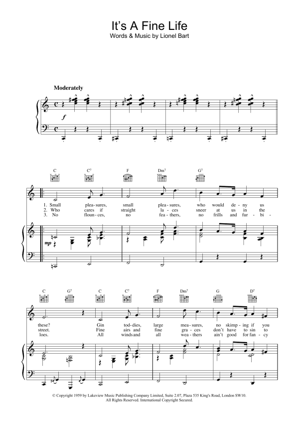 Lionel Bart It's A Fine Life (from Oliver!) Musik Noten - Piano, Vocal & Guitar Chords - 15865-0