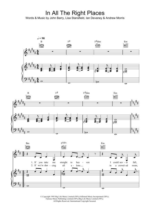 Lisa Stansfield In All The Right Places (from Indecent Proposal) Musik Noten - Piano, Vocal & Guitar Chords - 33895-0