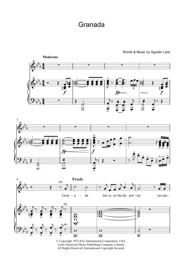 Luciano Pavarotti Granada Musik Noten - Piano, Vocal & Guitar Chords - 39224-0