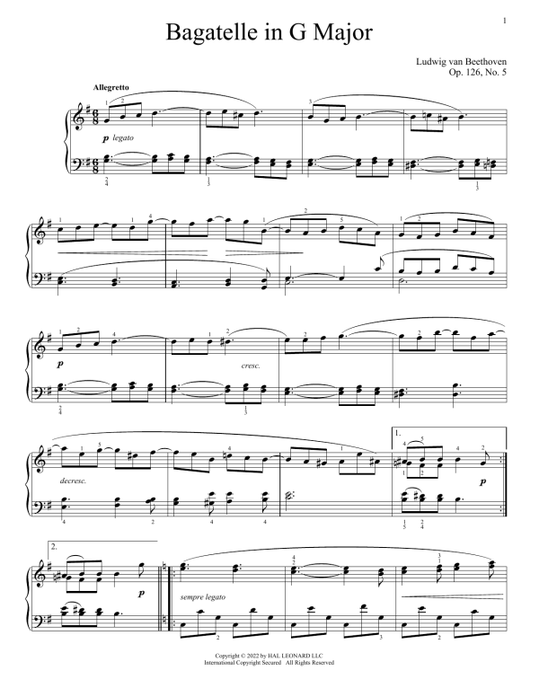 Ludwig van Beethoven Bagatelle in G, Op. 126, No. 5 Musik Noten - Piano Solo - 175180-0