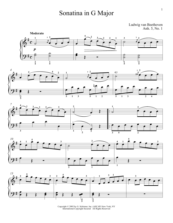 Ludwig van Beethoven Piano Sonatina In G Major (First Movement Theme) Musik Noten - Piano Solo - 55037-0