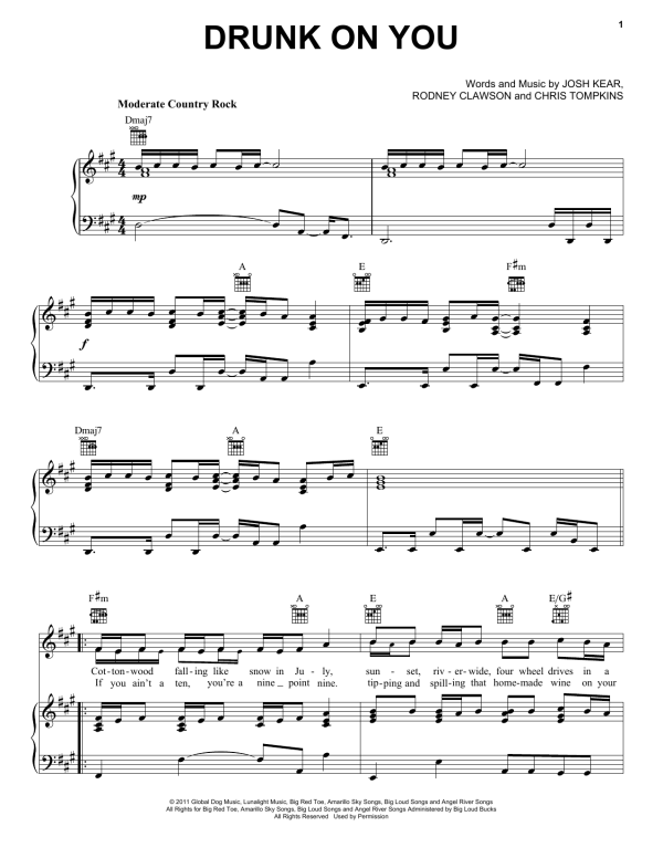 Luke Bryan Drunk On You Musik Noten - Piano, Vocal & Guitar Chords - 164317-0