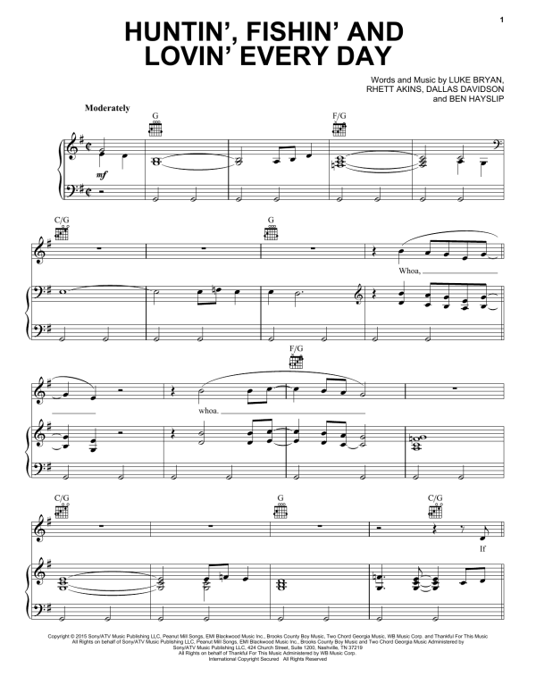 Luke Bryan Huntin', Fishin' And Lovin' Every Day Musik Noten - Piano, Vocal & Guitar Chords - 170403-0