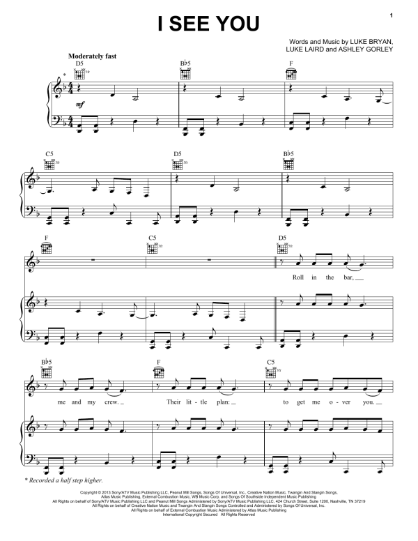 Luke Bryan I See You Musik Noten - Piano, Vocal & Guitar Chords - 157408-0