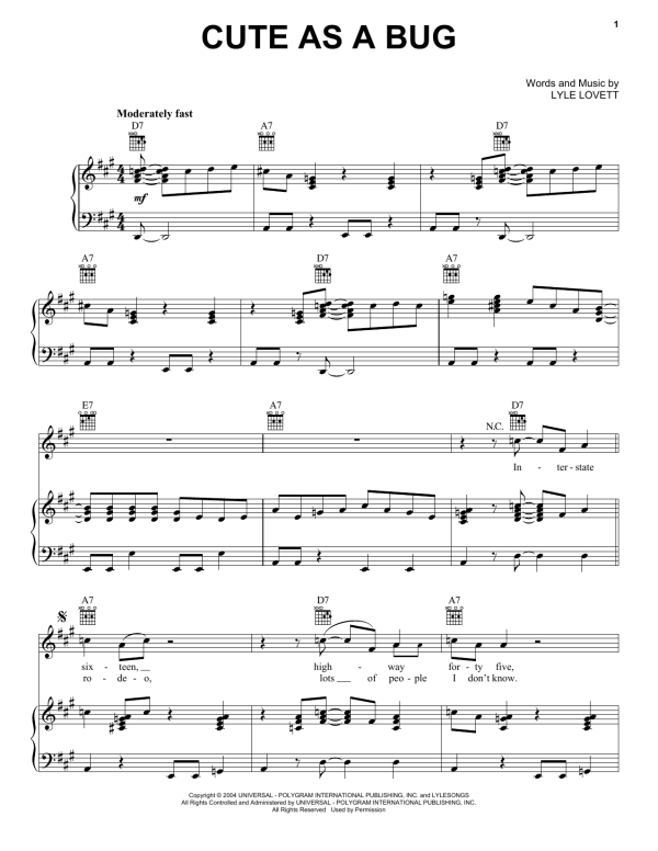 Lyle Lovett Cute As A Bug Musik Noten - Piano, Vocal & Guitar Chords - 170106-0