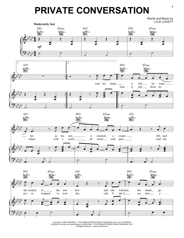Lyle Lovett Private Conversation Musik Noten - Piano, Vocal & Guitar Chords - 170110-0
