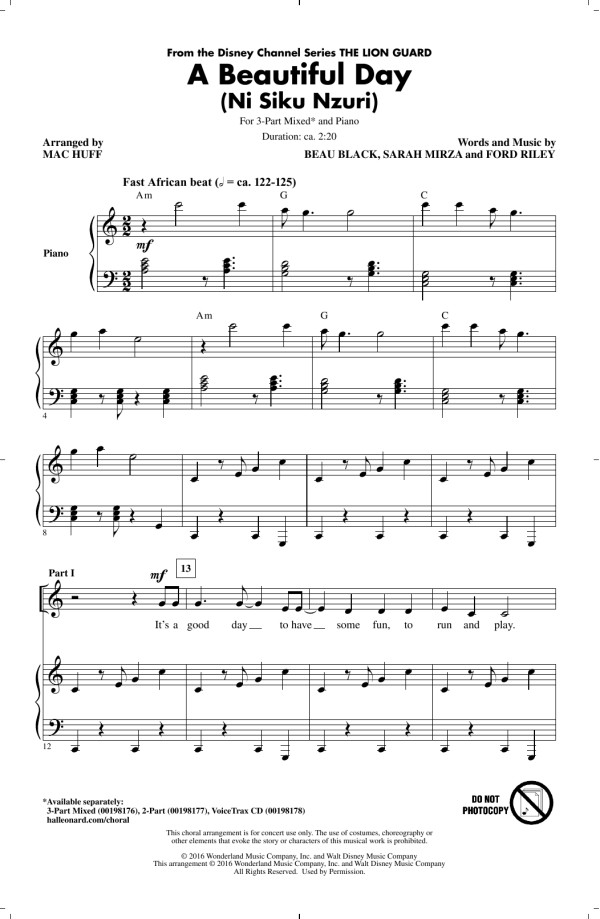 Mac Huff A Beautiful Day Musik Noten - 3-Part Mixed Choir - 177647-0