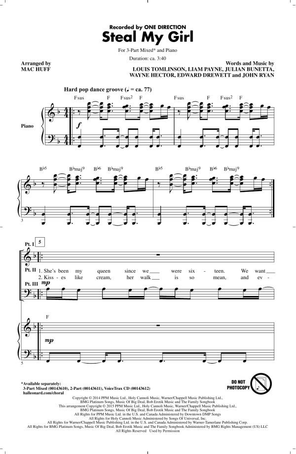 Mac Huff Steal My Girl Musik Noten - 3-Part Mixed Choir - 158192-0