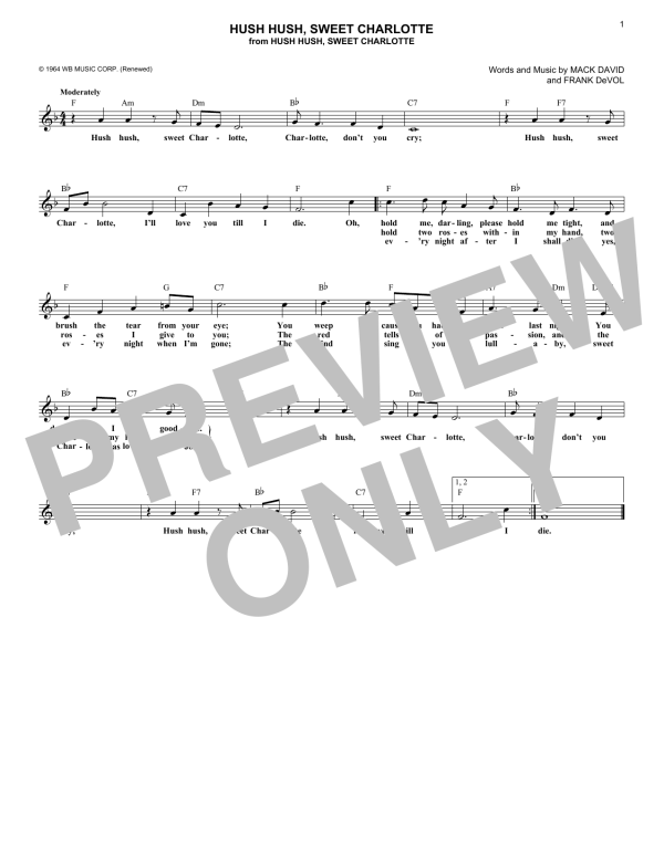 Mack David Hush, Hush Sweet Charlotte Musik Noten - Lead Sheet / Fake Book - 177772-0