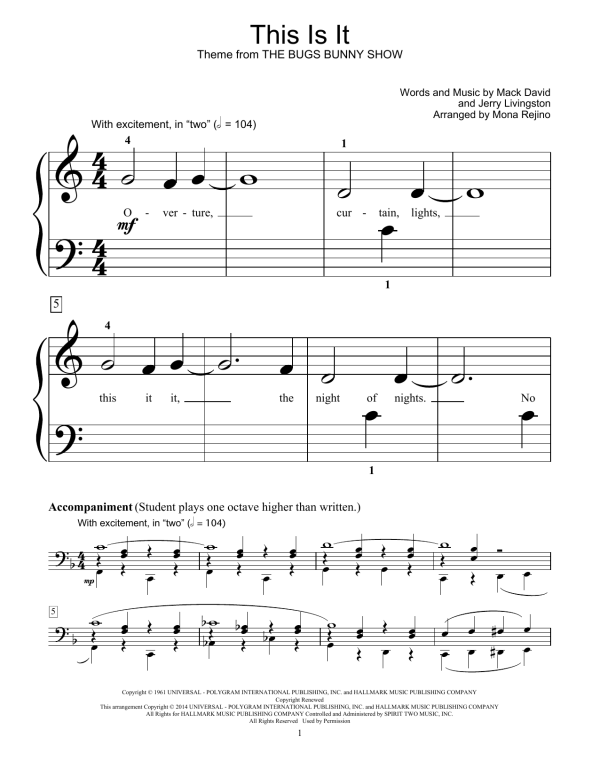 Mack David & Jerry Livingston This Is It (arr. Mona Rejino) Musik Noten - Educational Piano - 153106-0