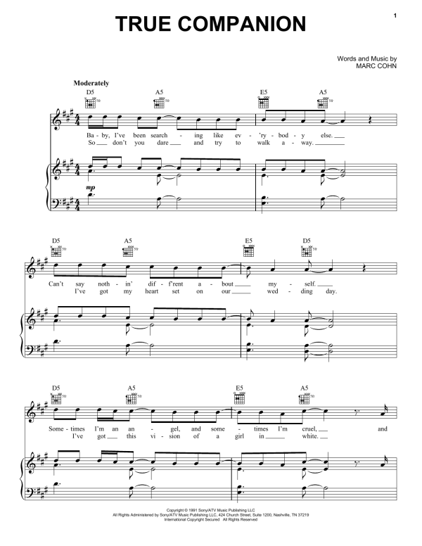 Marc Cohn True Companion Musik Noten - Piano, Vocal & Guitar Chords - 53685-0