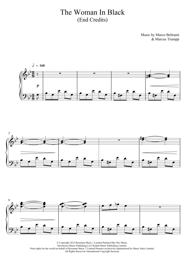 Marco Beltrami The Woman In Black (End Credits) Musik Noten - Piano Solo - 123902-0