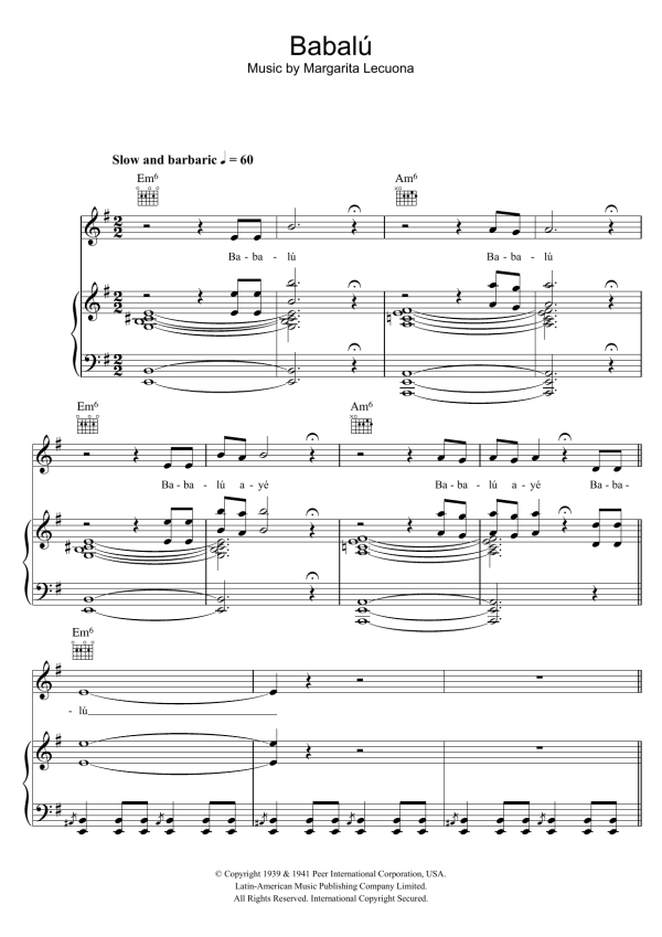 Margarita Lecuona Babalu Musik Noten - Piano, Vocal & Guitar Chords - 107086-0