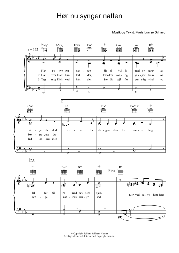 Marie Louise Schmidt Hor Nu Synger Natten Musik Noten - Piano, Vocal & Guitar Chords - 34136-0