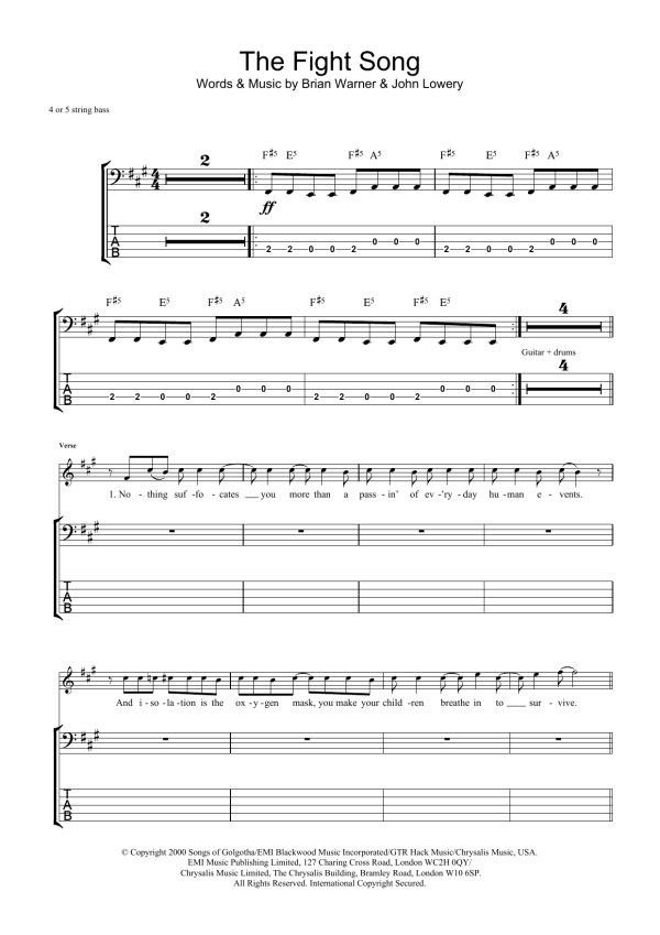 Marilyn Manson The Fight Song Musik Noten - Bass Guitar Tab - 23549-0