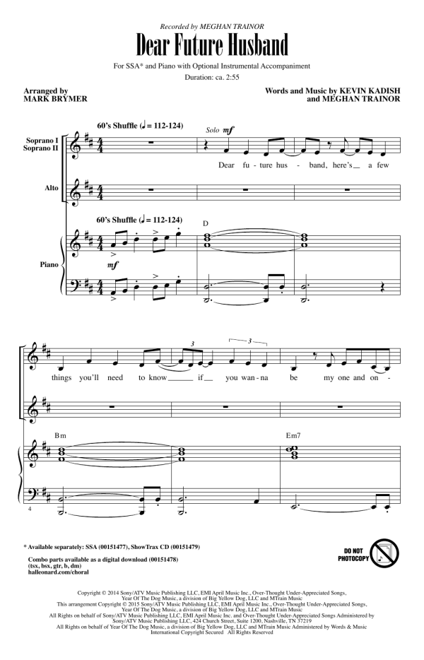 Mark Brymer Dear Future Husband Musik Noten - SSA Choir - 162245-0