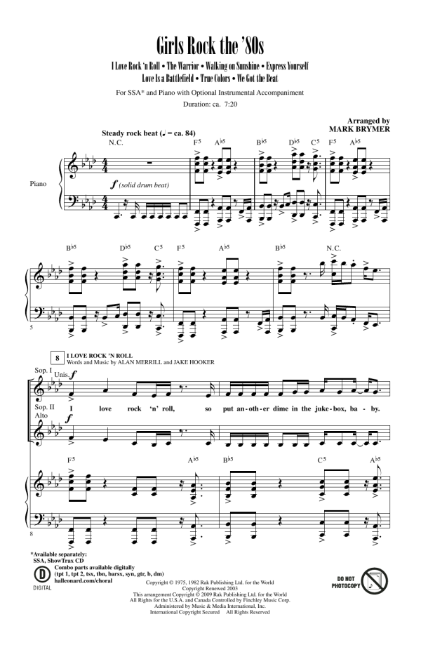 Mark Brymer Girls Rock The '80s (Medley) Musik Noten - SSA Choir - 159202-0