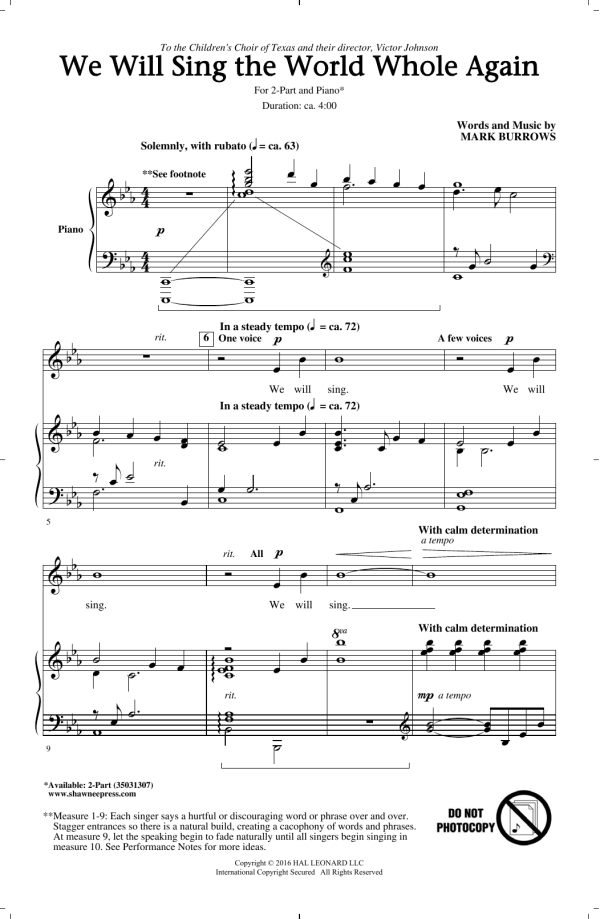Mark Burrows We Will Sing The World Whole Again Musik Noten - 2-Part Choir - 177522-0